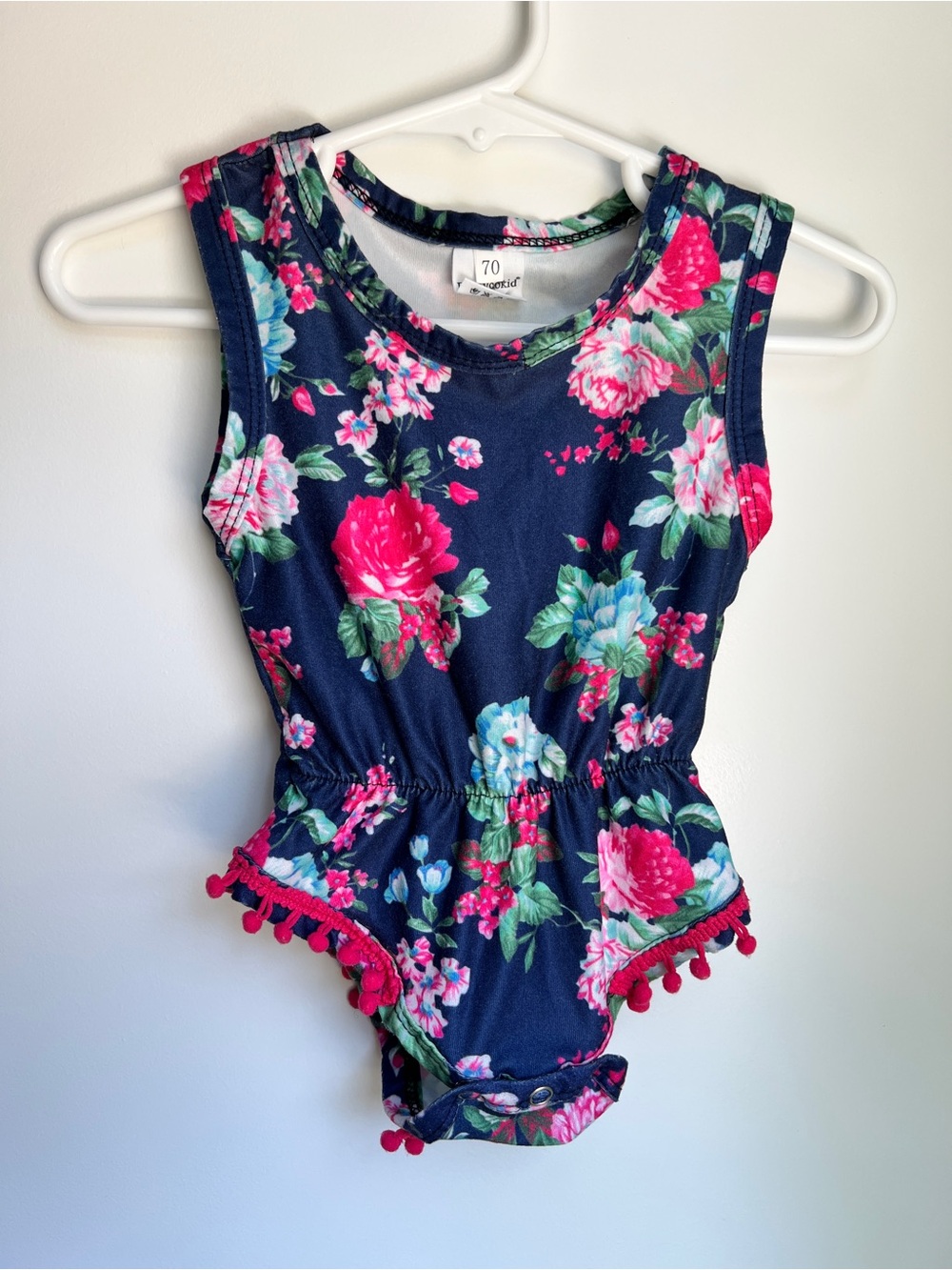 Navy Floral Pom Pom Romper Bodysuit 6-9M Pink Flower Baby Girl